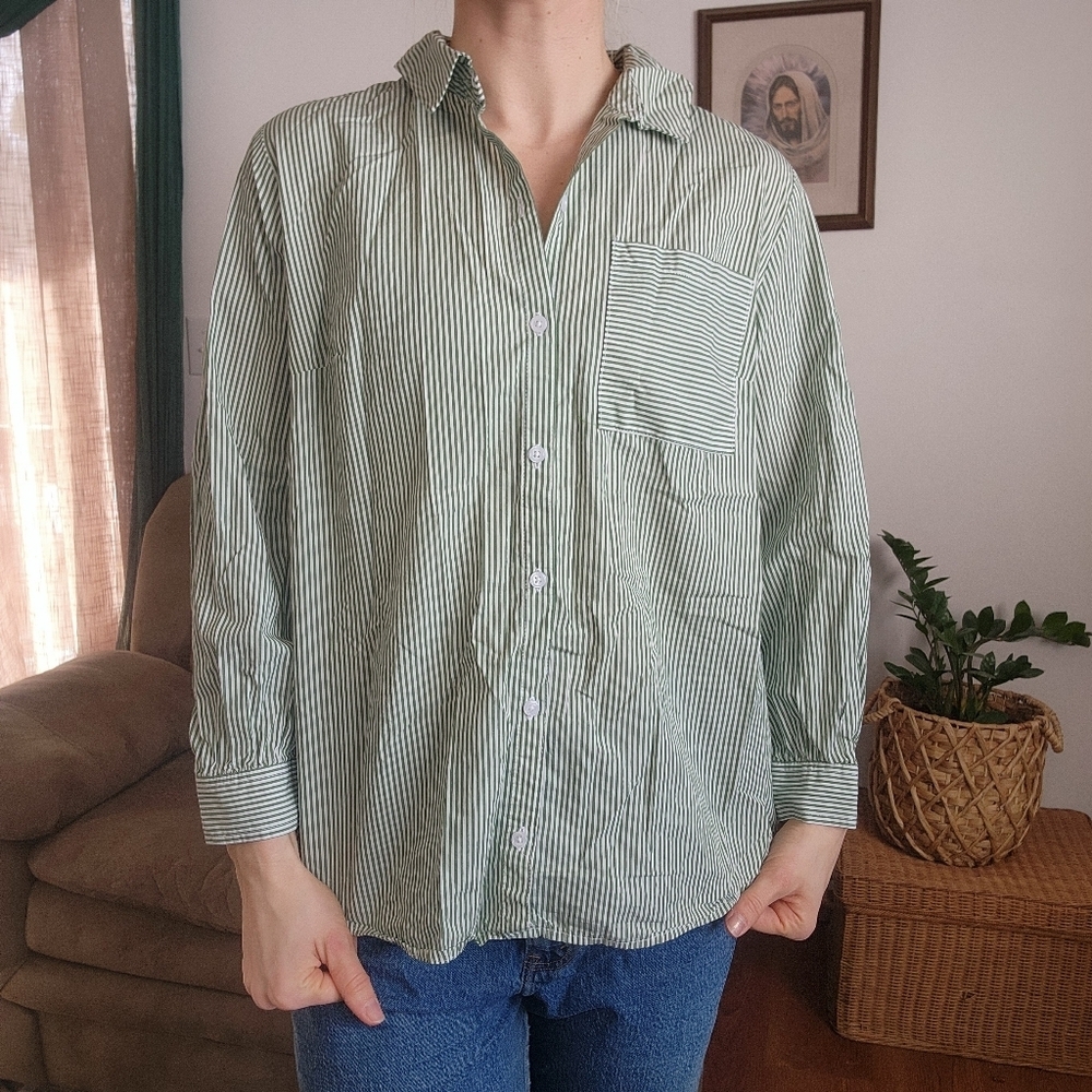 Cato Green And White Striped Button Down With Bow Details Size Large